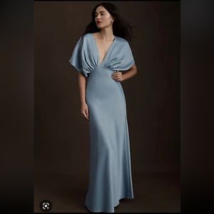 BHLDN Leila Deep-V Flutter-Sleeve Satin A-Line Gown in dusty blue